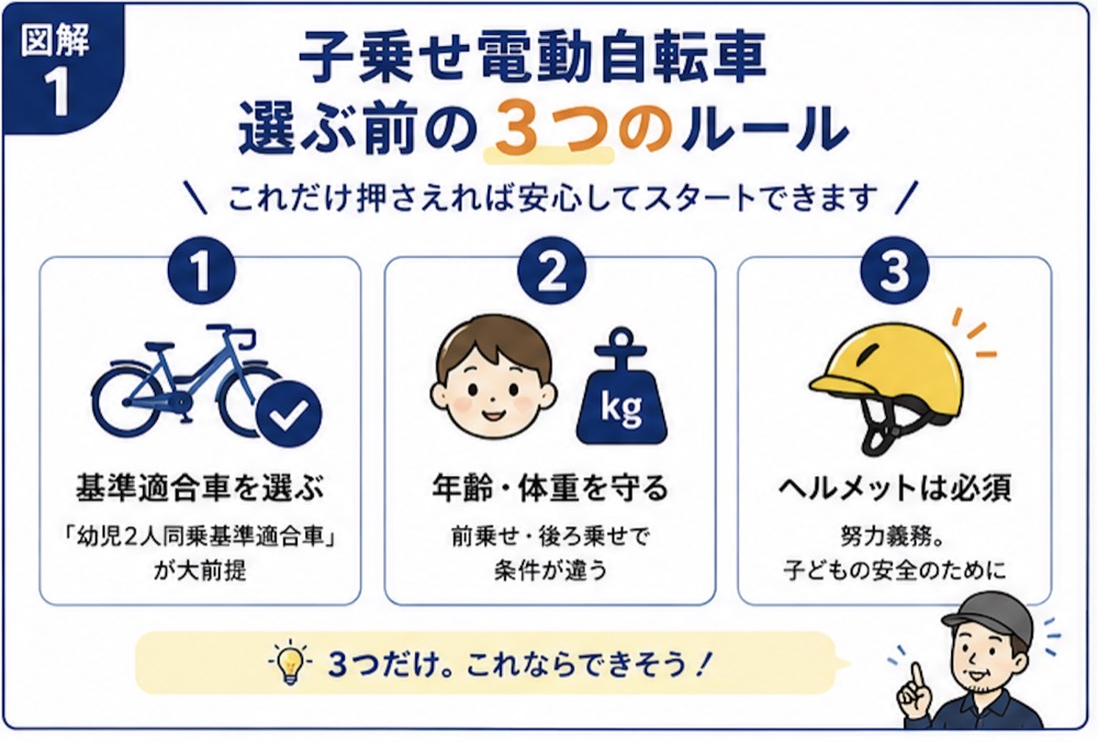 子乗せ電動自転車を選ぶ前の3つのルール。1.「幼児2人同乗基準適合車」を選ぶ。2.前乗せ・後ろ乗せの年齢・体重条件を守る。3.子どもの安全のためヘルメットは必須（努力義務）