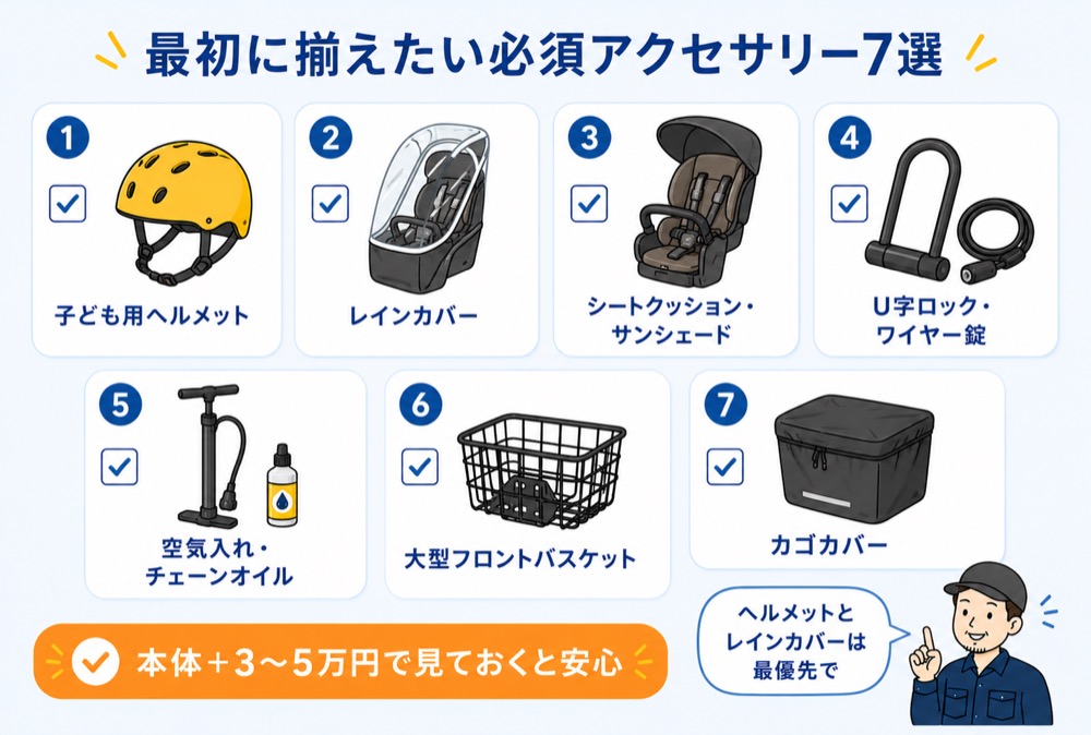 子乗せ電動自転車と一緒に揃えたい必須アクセサリー7選のチェックリスト。ヘルメット、レインカバー、シートクッション、U字ロック、空気入れ、フロントバスケット、カゴカバー
