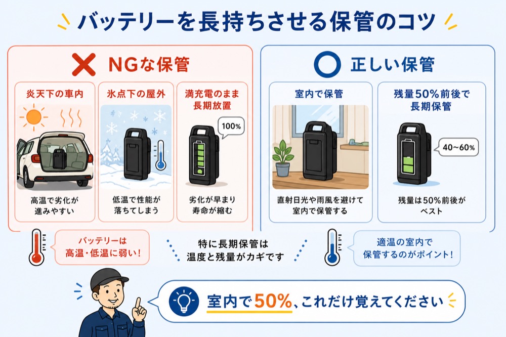 電動自転車バッテリーの保管方法の対比図。炎天下や氷点下、満充電のまま長期放置はNG、室内で残量50%前後の保管が正しい