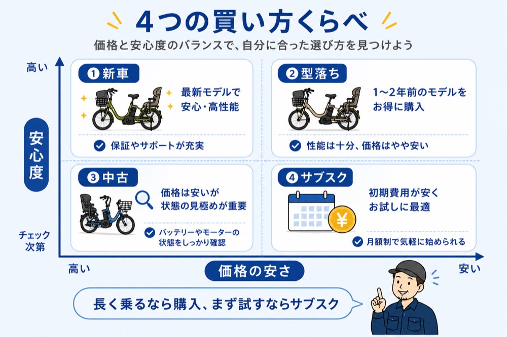 子乗せ電動自転車の4つの買い方を価格と安心度で整理したマトリクス図。新車、型落ち、中古、サブスクそれぞれの特徴を比較