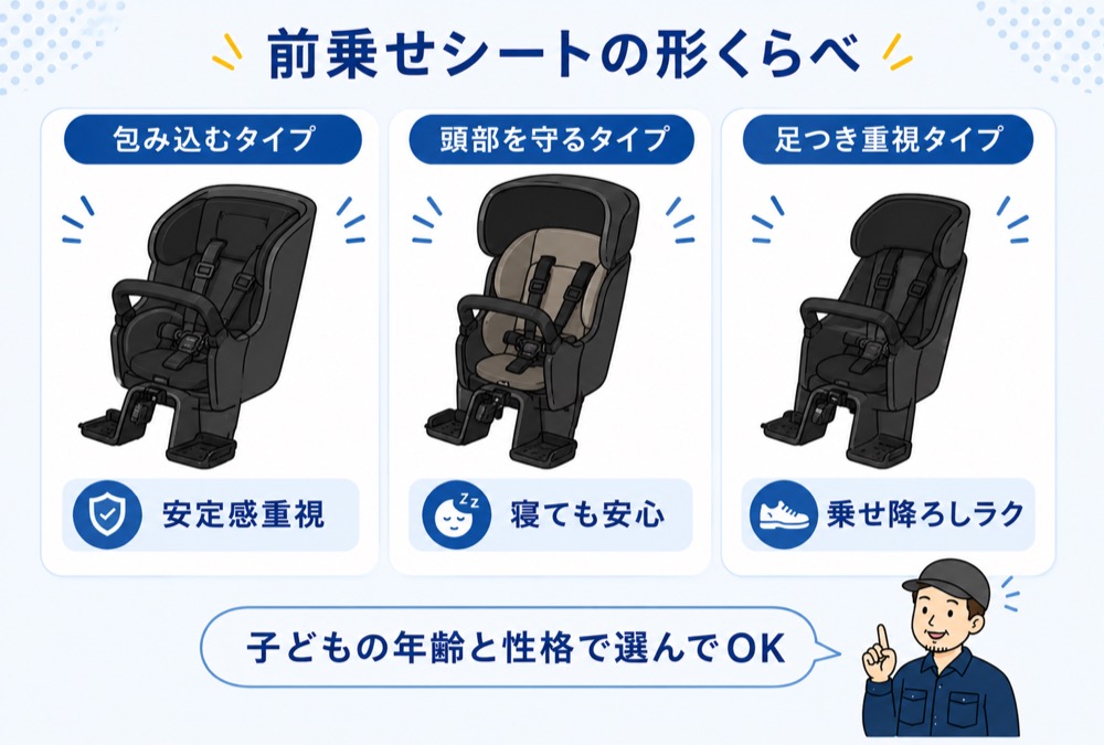 前乗せ電動自転車のチャイルドシート形状の比較図。包み込むタイプは安定感重視、頭部を守るタイプは寝ても安心、足つき重視タイプは乗せ降ろしがラク