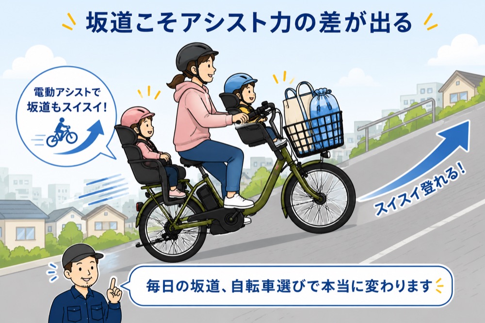 前後にチャイルドシートを装着して子ども2人を乗せた3人乗り状態の子乗せ電動自転車のイラスト。前シートは1〜4歳、後ろシートは2〜6歳が対象