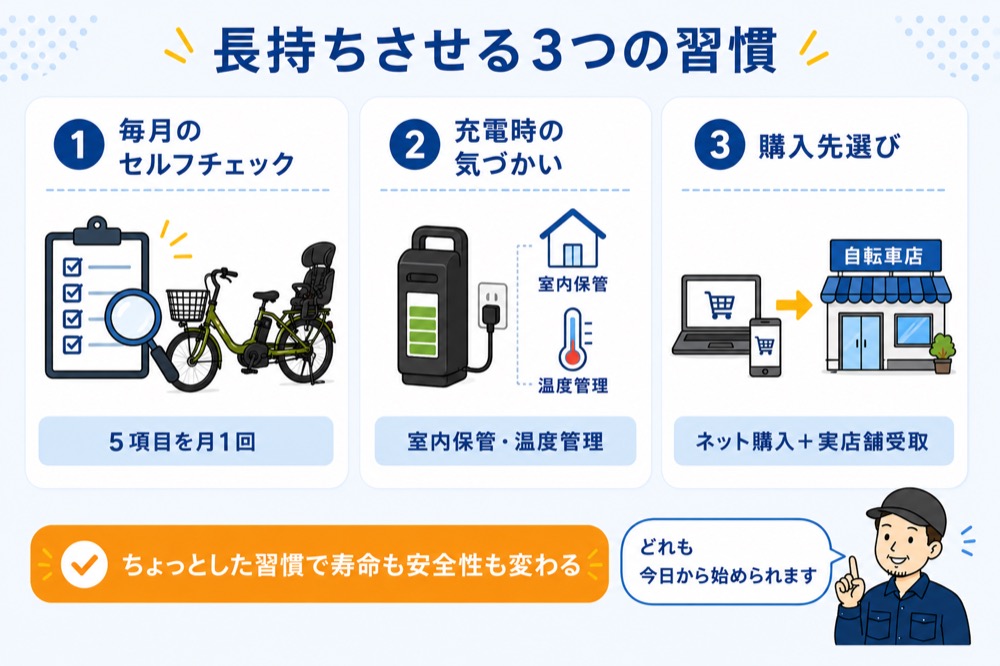 子乗せ電動自転車を長持ちさせる3つのメンテナンス習慣。毎月のセルフチェック、充電時の室内保管と温度管理、ネット購入＋実店舗受取という購入先選び