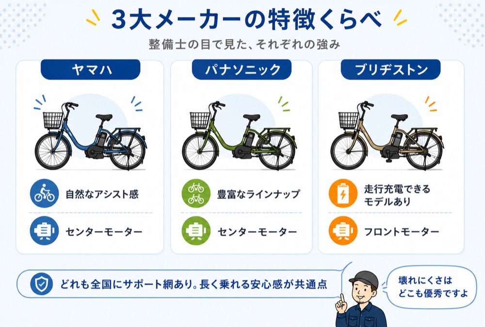 子乗せ電動自転車の3大メーカー比較表。ヤマハは自然なアシスト感、パナソニックは豊富なラインナップ、ブリヂストンは走行充電対応モデルありという特徴を整理