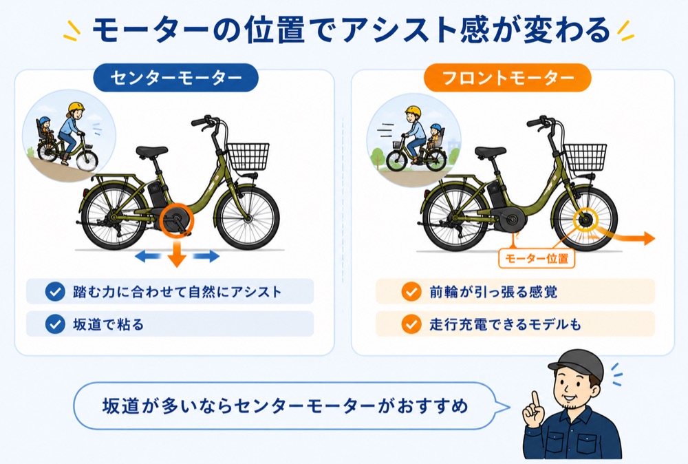 電動自転車のモーター位置の比較図。センターモーターは踏む力に合わせて自然にアシストし坂道で粘る、フロントモーターは前輪が引っ張る感覚で走行充電できるモデルもある
