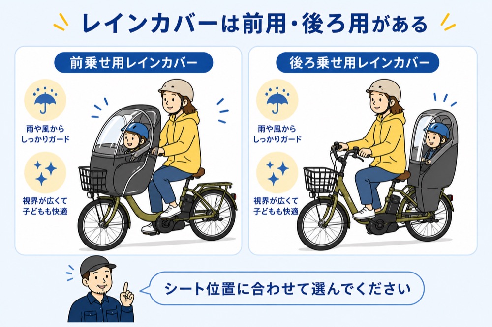 レインカバーを装着した子乗せ電動自転車のイラスト。前乗せ用と後ろ乗せ用の2パターンがあり、シート位置に合わせて選ぶ