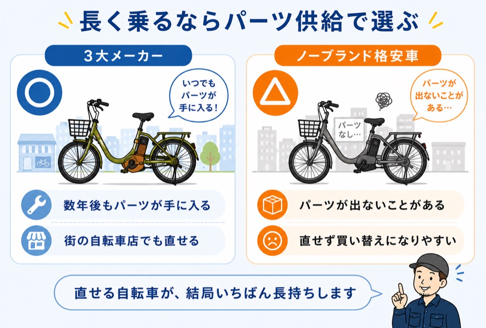 子乗せ電動自転車の修理しやすさ比較図。3大メーカーは数年後もパーツが手に入り街の自転車店でも直せる、ノーブランド格安車はパーツが出ず買い替えになりやすい
