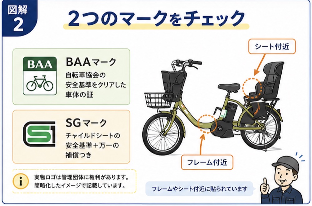 子乗せ電動自転車の安全性を確認する2つのマーク。フレーム付近にある自転車協会の安全基準をクリアした「BAAマーク」と、シート付近にあるチャイルドシートの安全基準と補償を示す「SGマーク」をチェックする。