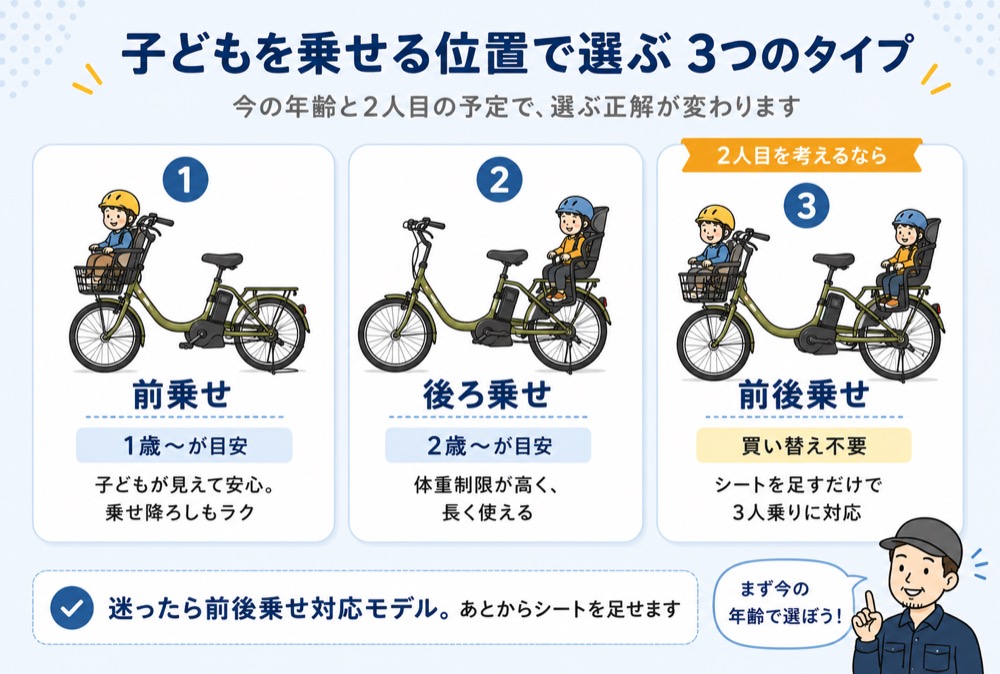 前後乗せ対応の子乗せ電動自転車で、1人目は後ろ乗せ、2人目誕生で前にもシート追加、3人乗りへと買い替えずに使える流れを示した時系列図