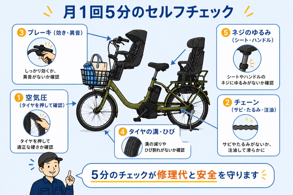 子乗せ電動自転車の月1回セルフチェック5項目。空気圧、チェーン、ブレーキ、タイヤの溝やひび、ネジのゆるみを点検する