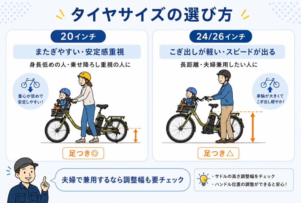 子乗せ電動自転車のタイヤサイズ比較図。20インチはまたぎやすく安定感重視、24/26インチはこぎ出しが軽く長距離や夫婦兼用向き