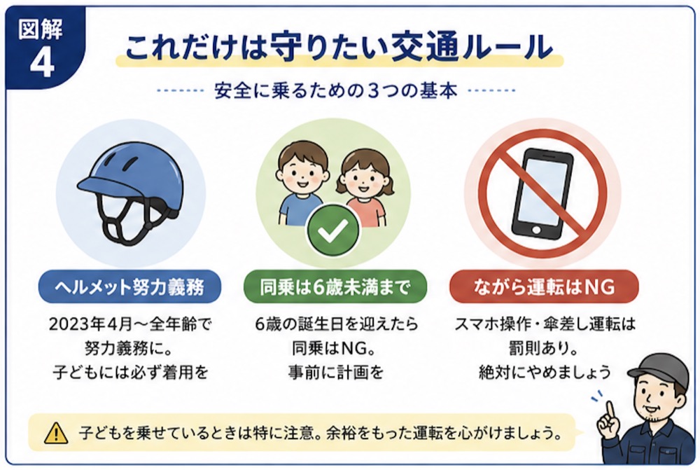 子乗せ電動自転車で安全に乗るための3つの基本交通ルール。1.全年齢でヘルメット着用が努力義務。2.同乗は6歳の誕生日を迎える前（6歳未満）まで。3.罰則のあるスマホ操作や傘差しなどの「ながら運転」は絶対NG。