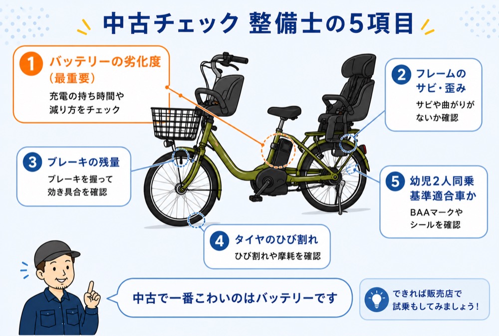 中古の子乗せ電動自転車で確認すべき整備士の5つのチェック項目。バッテリーの劣化度、フレームのサビや歪み、ブレーキの残量、タイヤのひび割れ、幼児2人同乗基準適合車かどうか